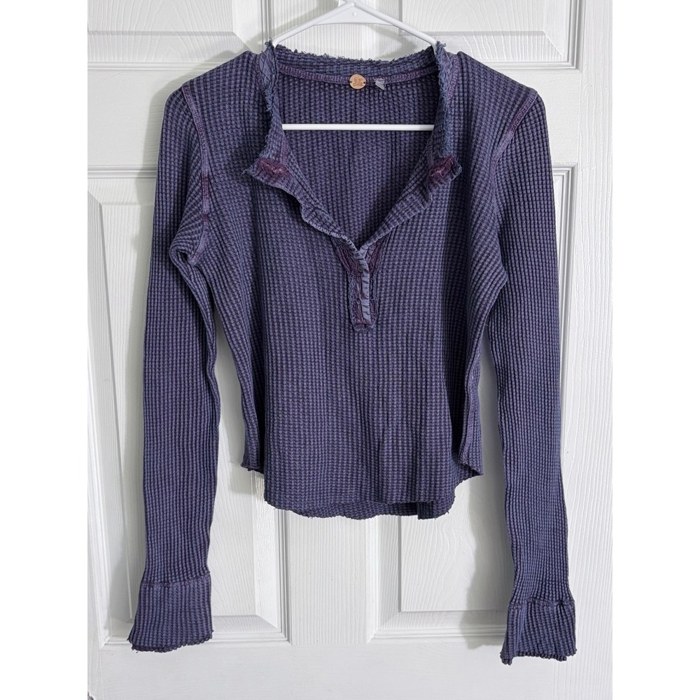Free People FP One Henley Top S Purple Waffle Knit Colt Thermal Distressed
